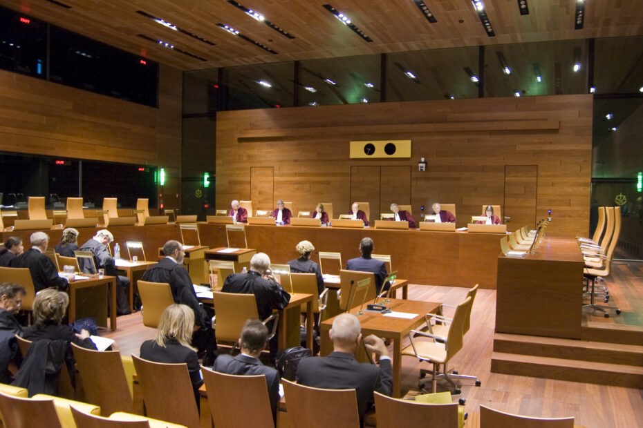 Sitzung in einem vollkommen holzvertäfelten Verhandlungsaal mit 5 Richter:innern auf dem Podium und Personen im Publikum.